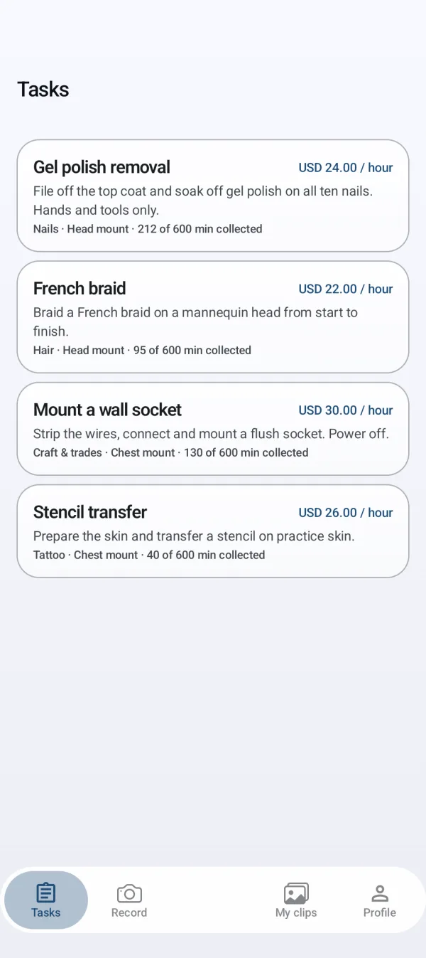 SkillFrames app: open tasks with rate per hour