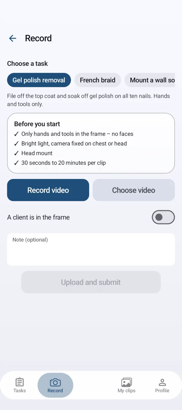 SkillFrames app: checklist before recording